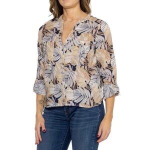 C&C California Linen Top Women XL Leaf Print Neutral Multi Button Front Resort